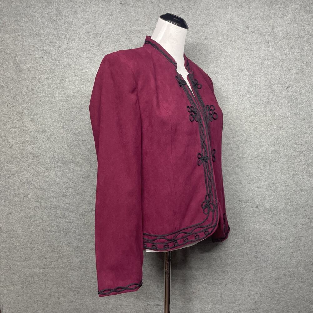 Dress Barn XL Burgundy Faux Suede Jacket w/Black Scrollwork Embroidery Mandarin - Picture 4 of 10